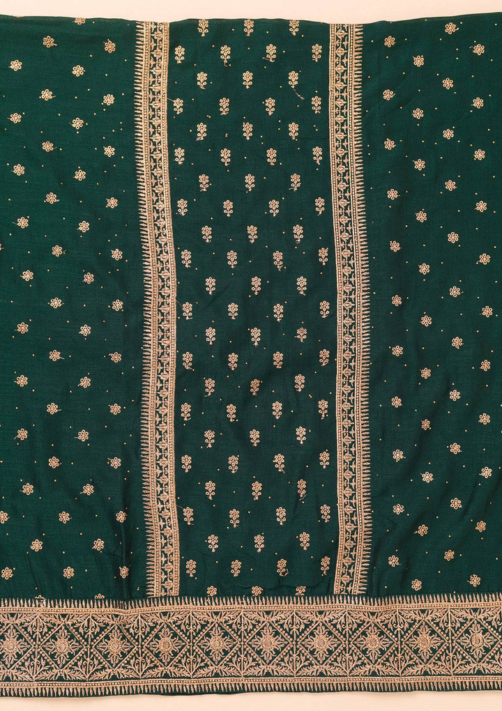 Bottle Green Soft Raw Silk Gold Zariwork Unstitched Dress Material With Matching Bottom And Dupatta