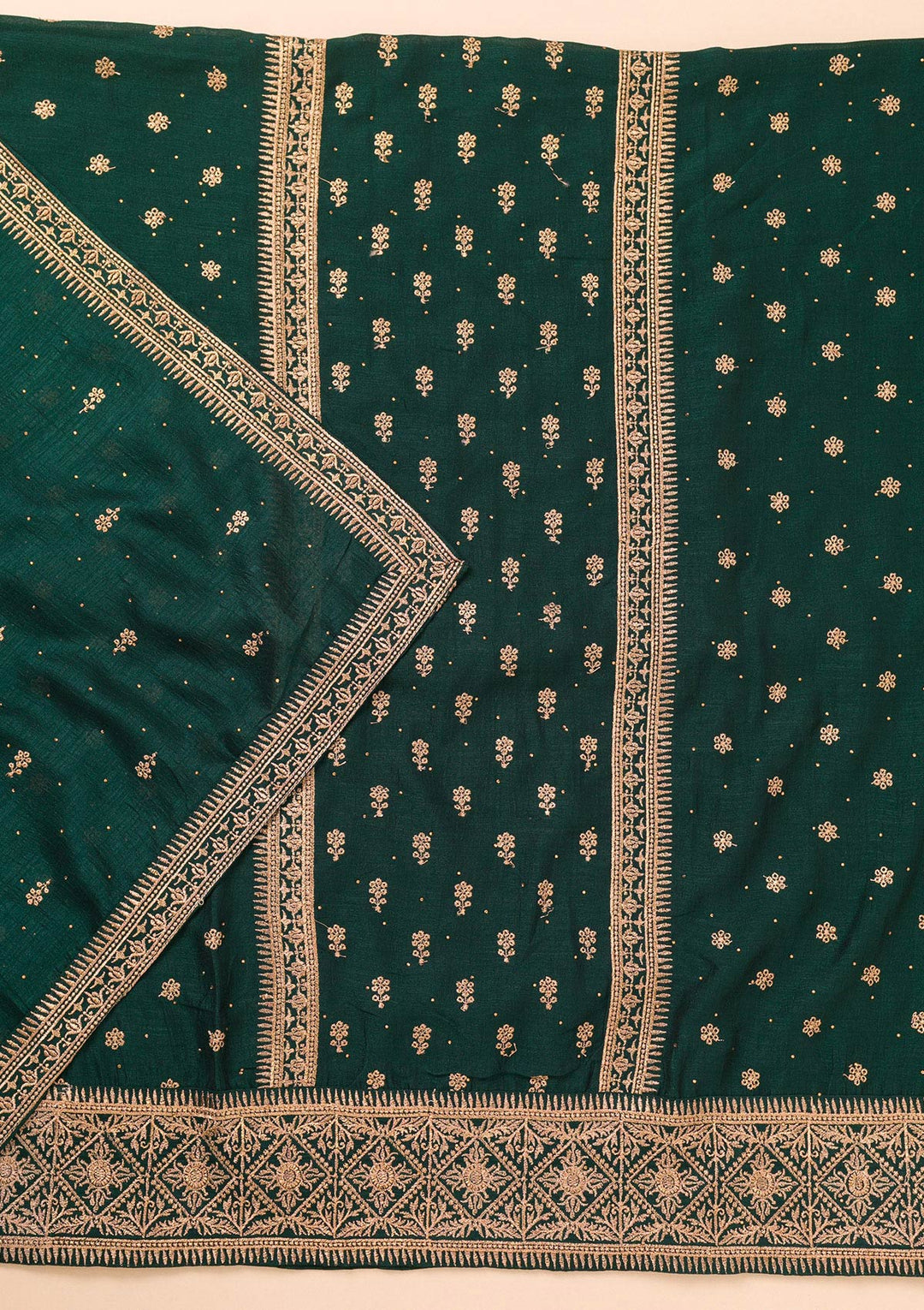 Bottle Green Soft Raw Silk Gold Zariwork Unstitched Dress Material With Matching Bottom And Dupatta