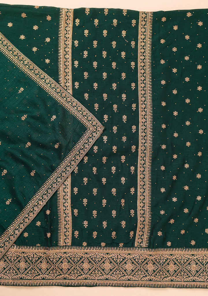 Bottle Green Soft Raw Silk Gold Zariwork Unstitched Dress Material With Matching Bottom And Dupatta