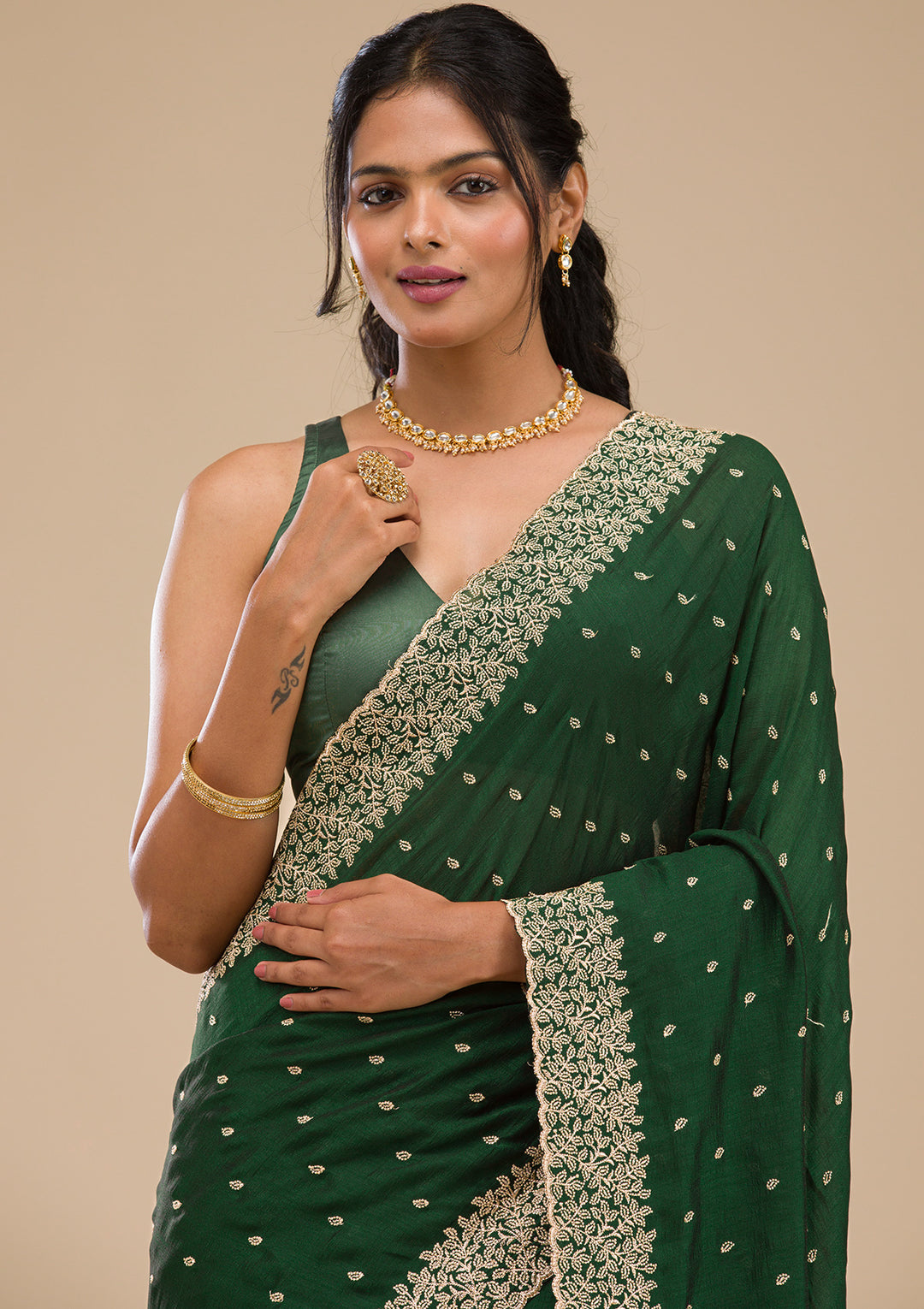 Mehandi Green Soft Raw Silk Gold Zariwork Saree With Matching Blouse Piece