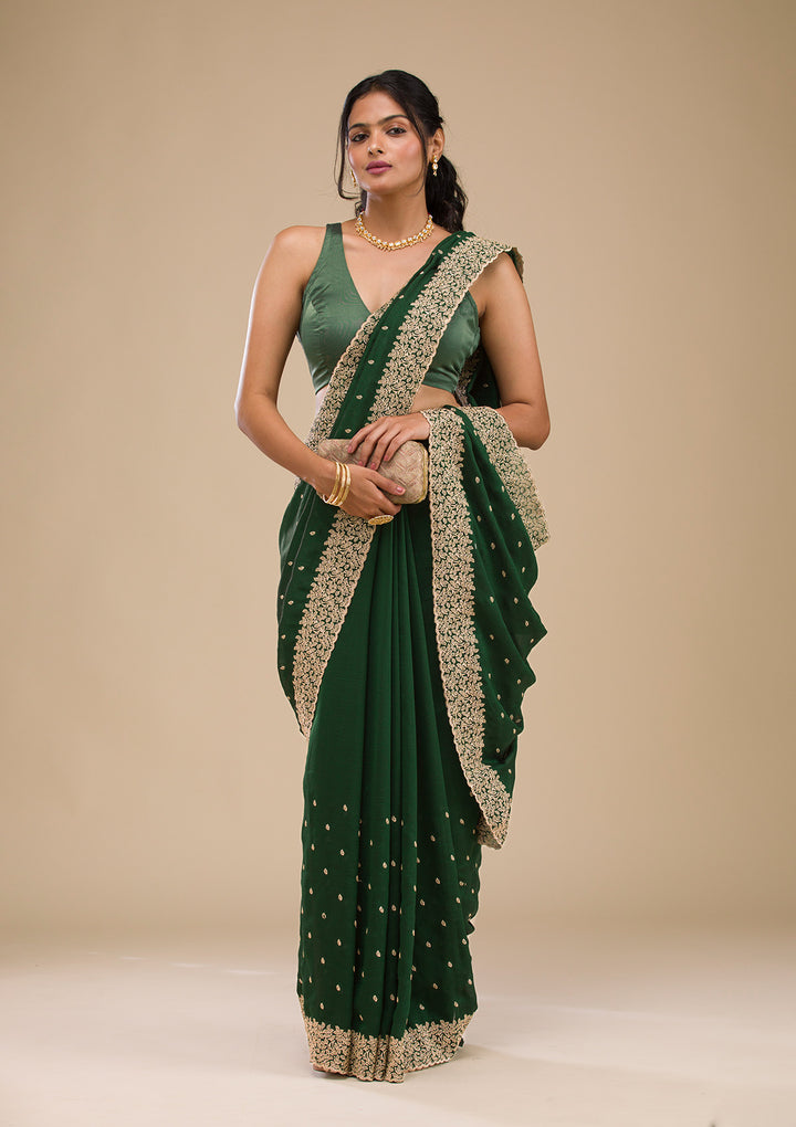 Mehandi Green Soft Raw Silk Gold Zariwork Saree With Matching Blouse Piece