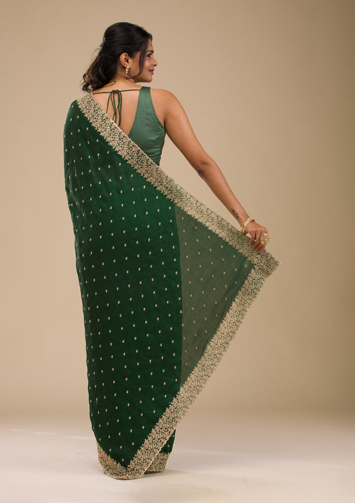 Mehandi Green Soft Raw Silk Gold Zariwork Saree With Matching Blouse Piece