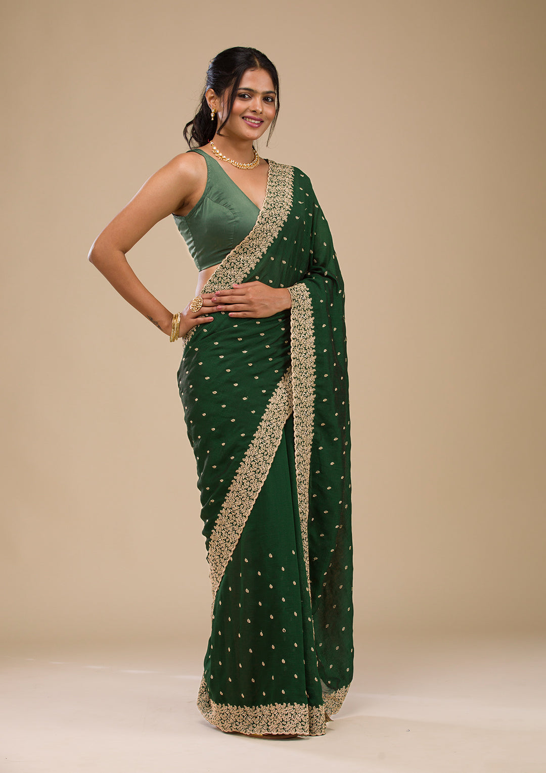 Mehandi Green Soft Raw Silk Gold Zariwork Saree With Matching Blouse Piece