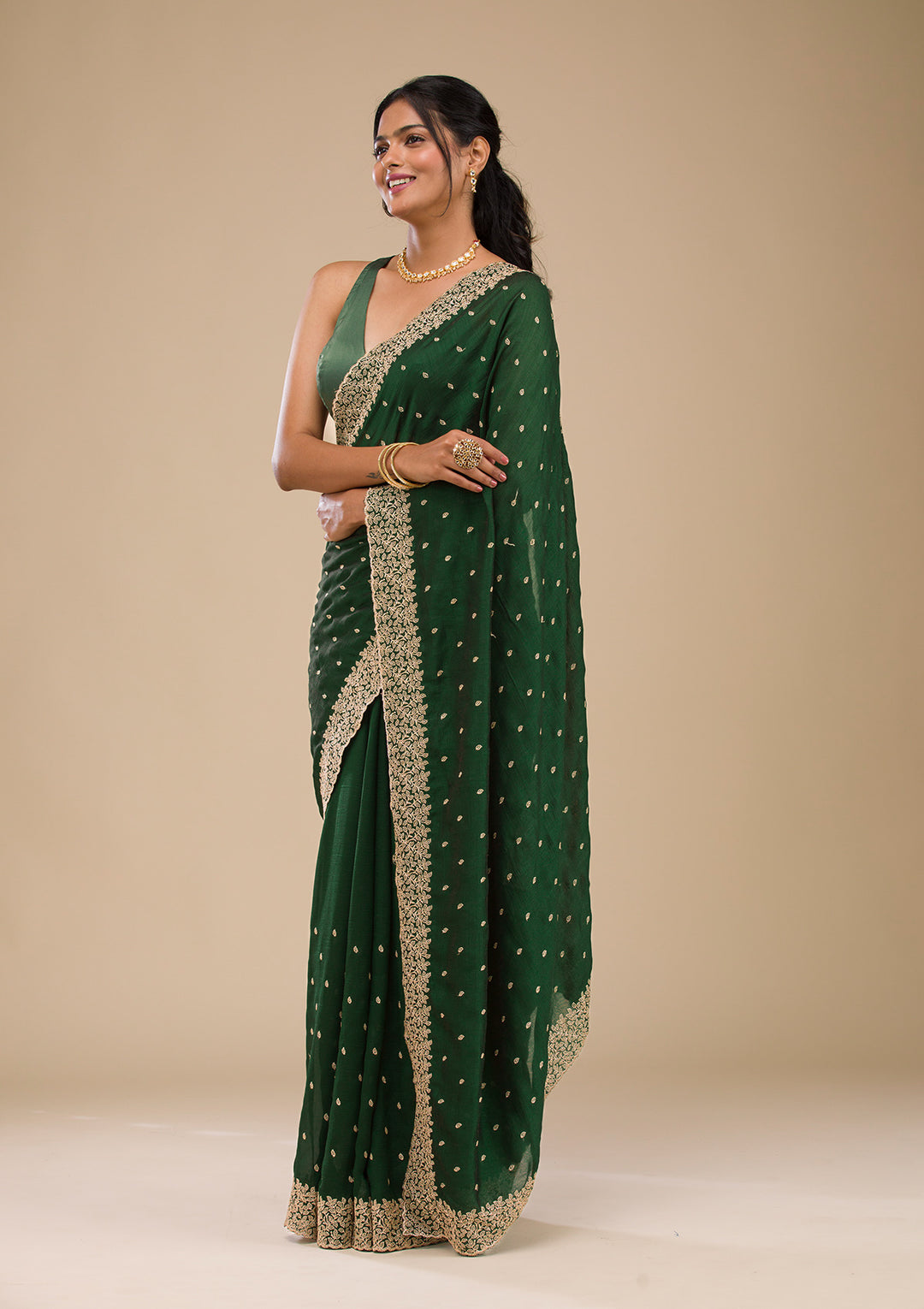 Mehandi Green Soft Raw Silk Gold Zariwork Saree With Matching Blouse Piece
