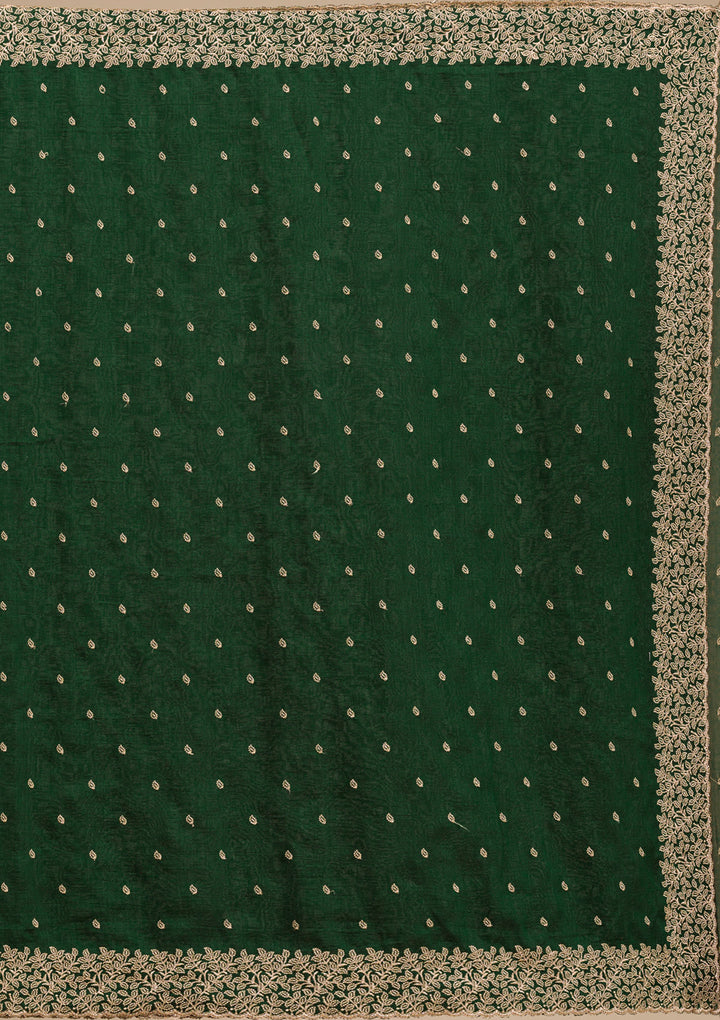 Mehandi Green Soft Raw Silk Gold Zariwork Saree With Matching Blouse Piece