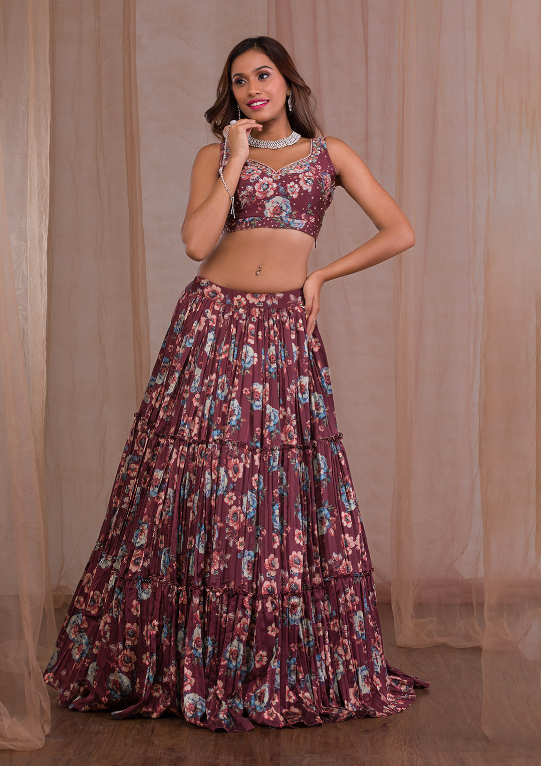 Brown Cutdana Satin Readymade Lehenga