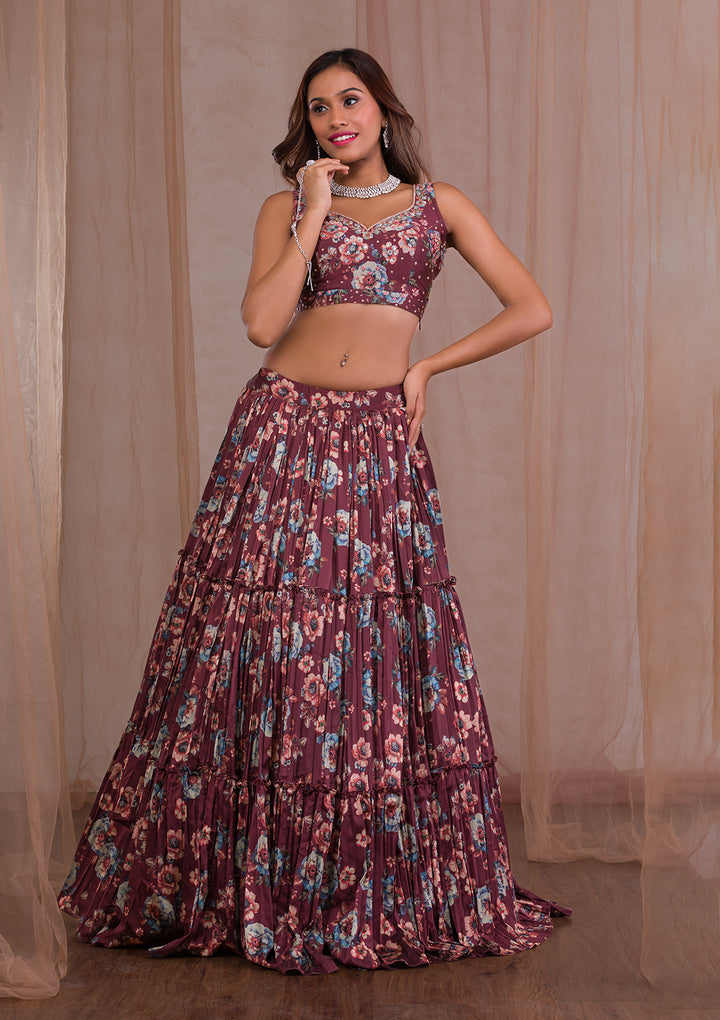 Brown Cutdana Satin Readymade Lehenga