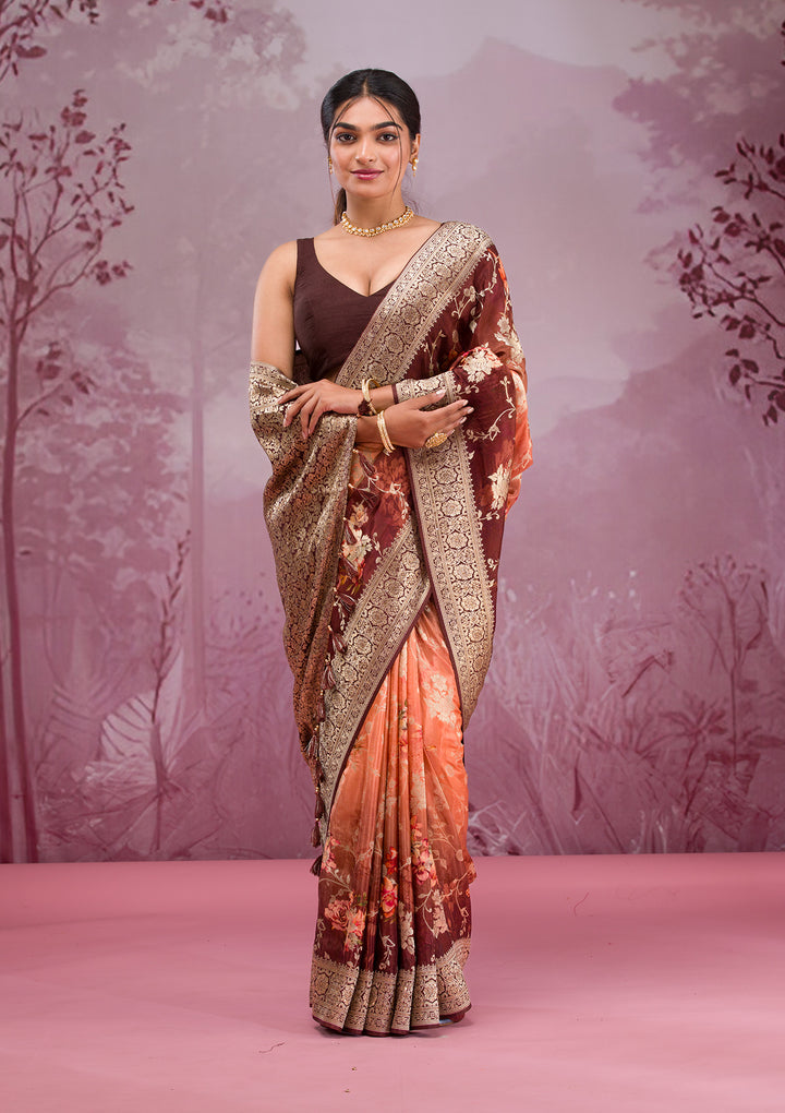 Brown Silk Jaal Gold Zariwork Saree With Matching Blouse Piece