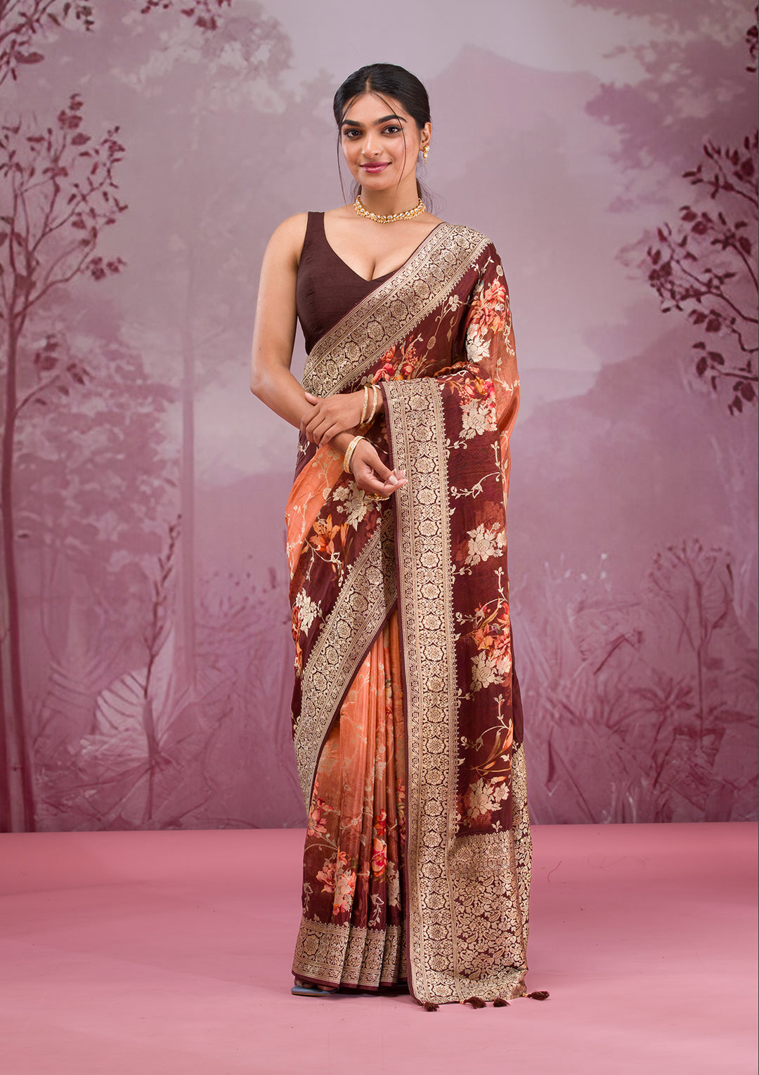 Brown Silk Jaal Gold Zariwork Saree With Matching Blouse Piece