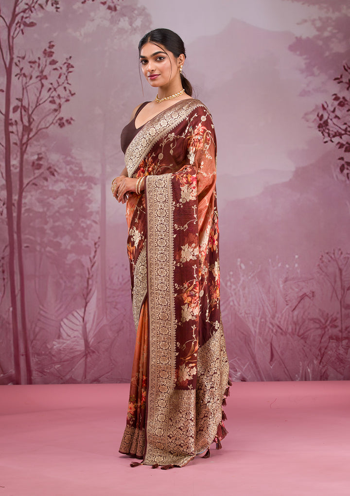 Brown Silk Jaal Gold Zariwork Saree With Matching Blouse Piece