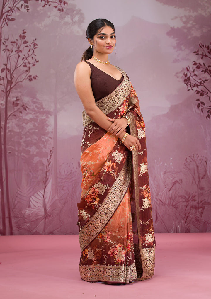 Brown Silk Jaal Gold Zariwork Saree With Matching Blouse Piece