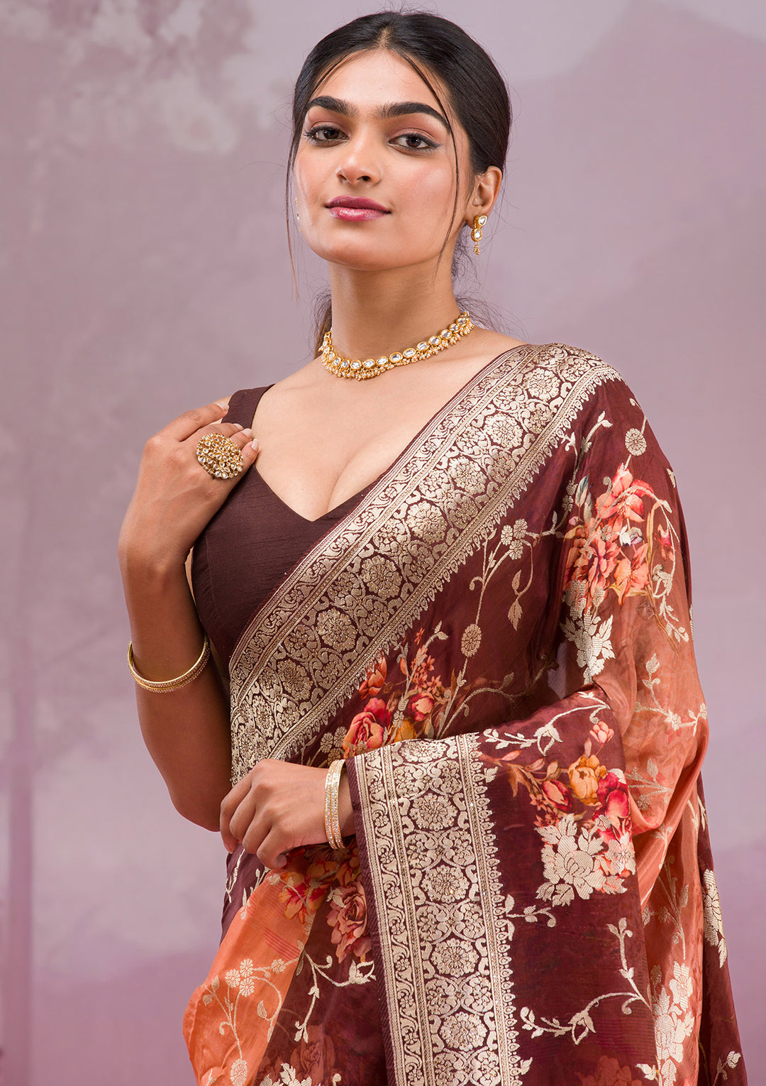 Brown Silk Jaal Gold Zariwork Saree With Matching Blouse Piece