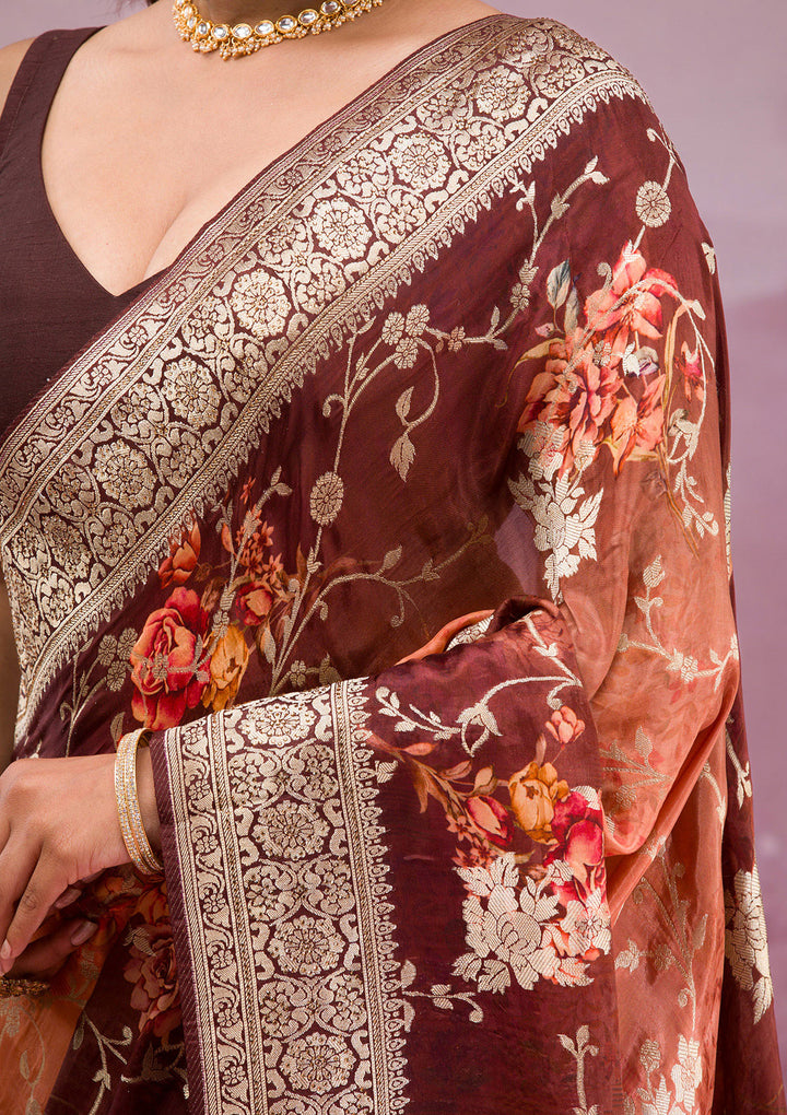 Brown Silk Jaal Gold Zariwork Saree With Matching Blouse Piece