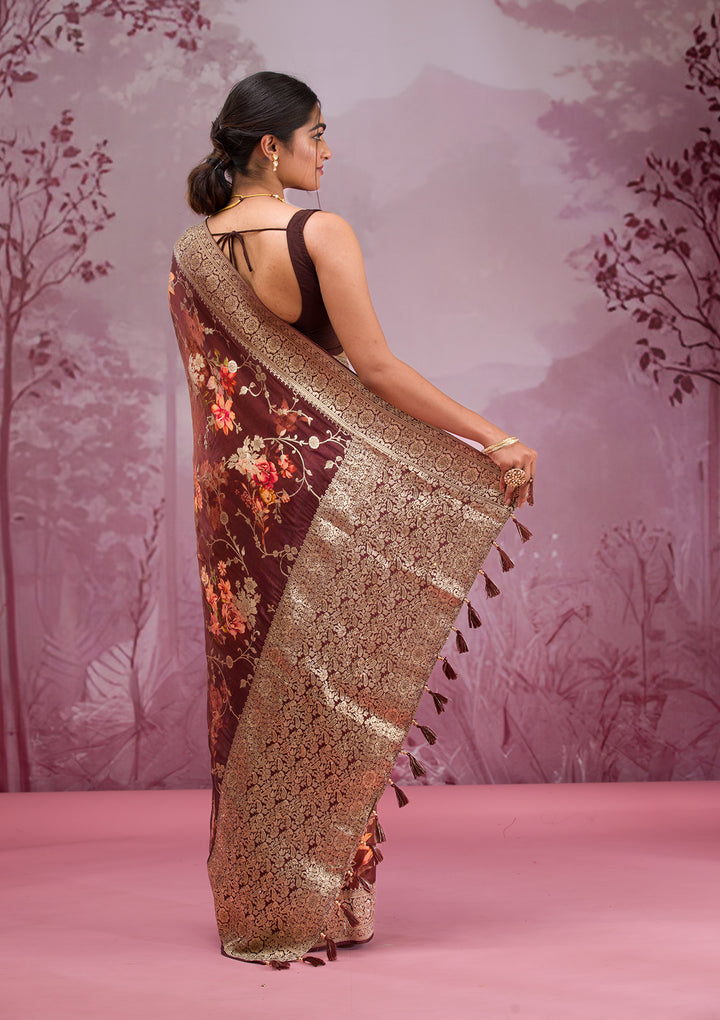 Brown Silk Jaal Gold Zariwork Saree With Matching Blouse Piece