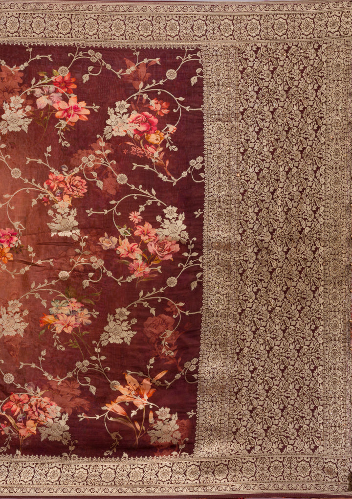 Brown Silk Jaal Gold Zariwork Saree With Matching Blouse Piece
