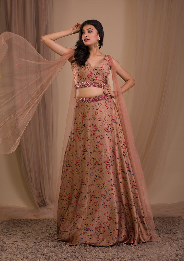 Brown Printed Satin Readymade Lehenga-Koskii