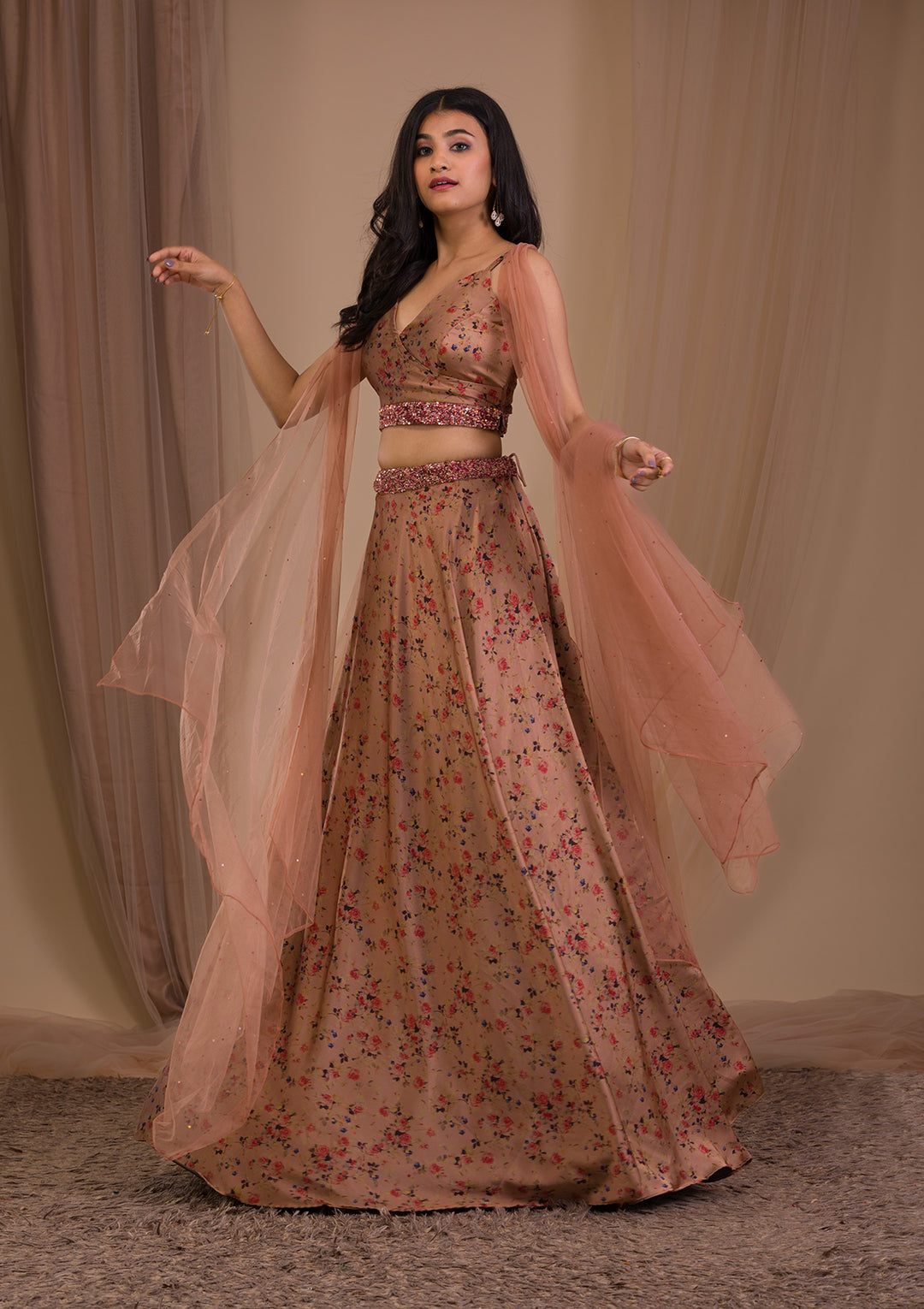 Brown Printed Satin Readymade Lehenga-Koskii