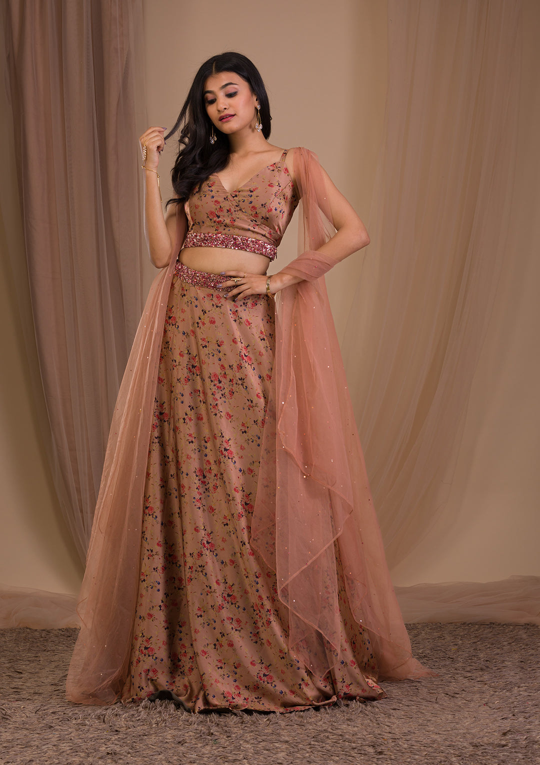 Brown Printed Satin Readymade Lehenga