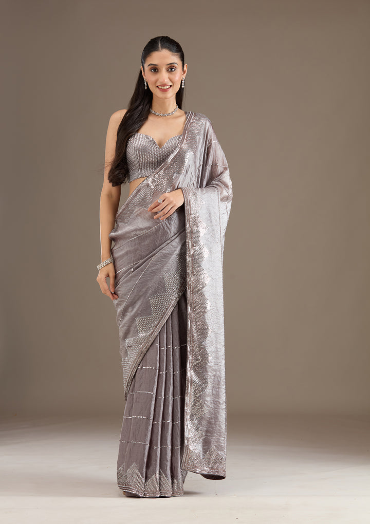 Brown Tissue Sequins Saree With Matching Blouse Piece
