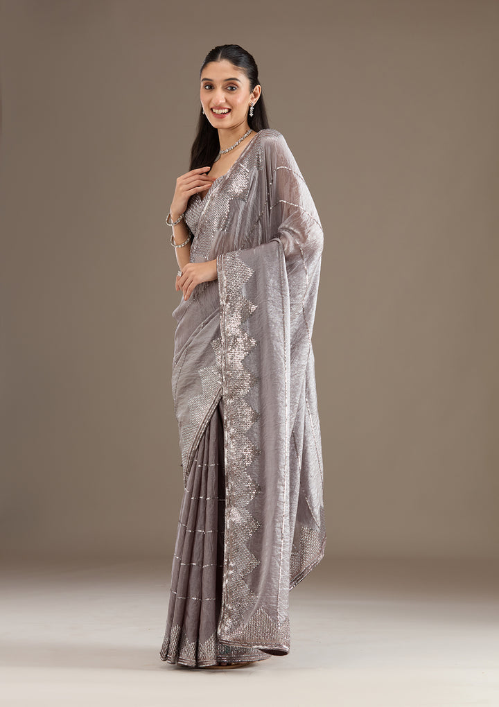 Brown Tissue Sequins Saree With Matching Blouse Piece