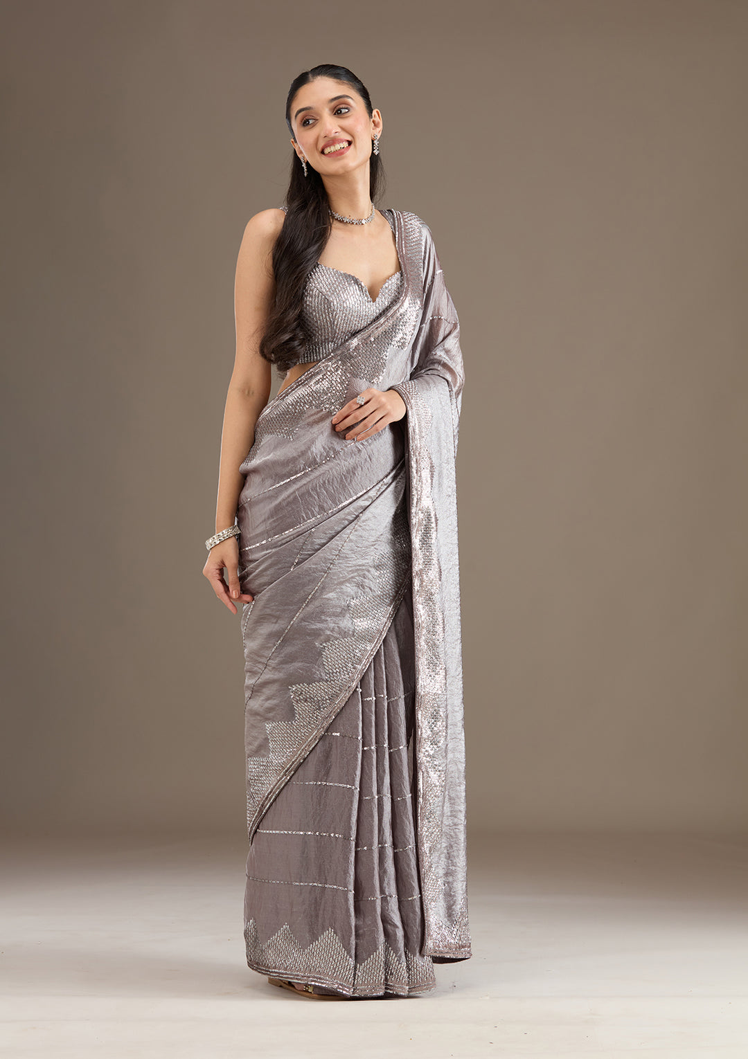 Brown Tissue Sequins Saree With Matching Blouse Piece