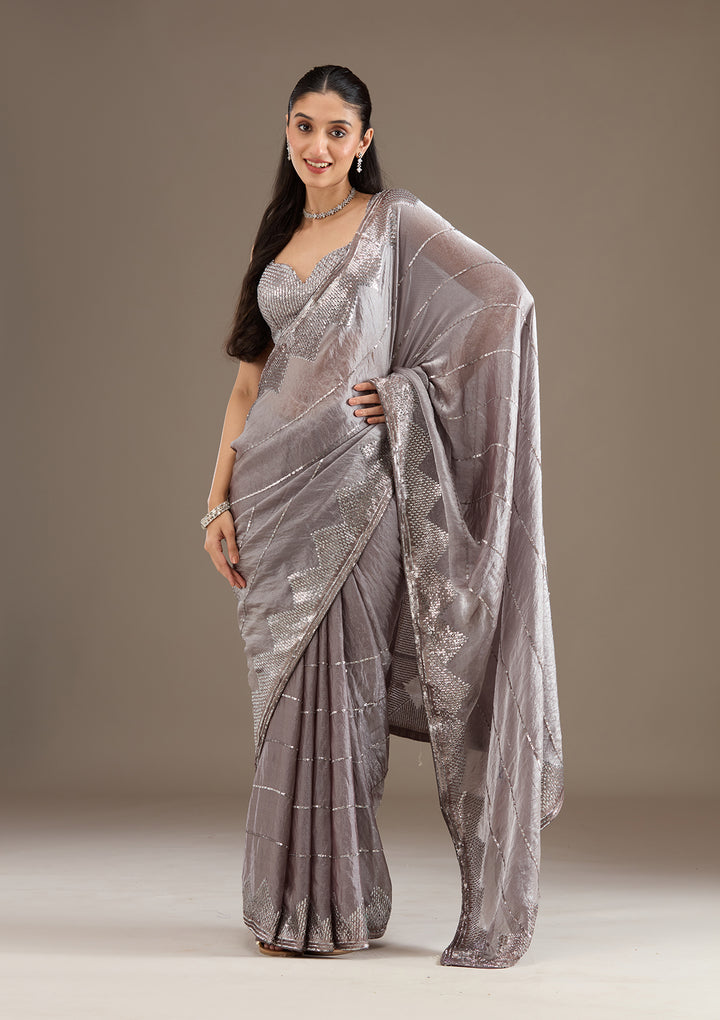 Brown Tissue Sequins Saree With Matching Blouse Piece