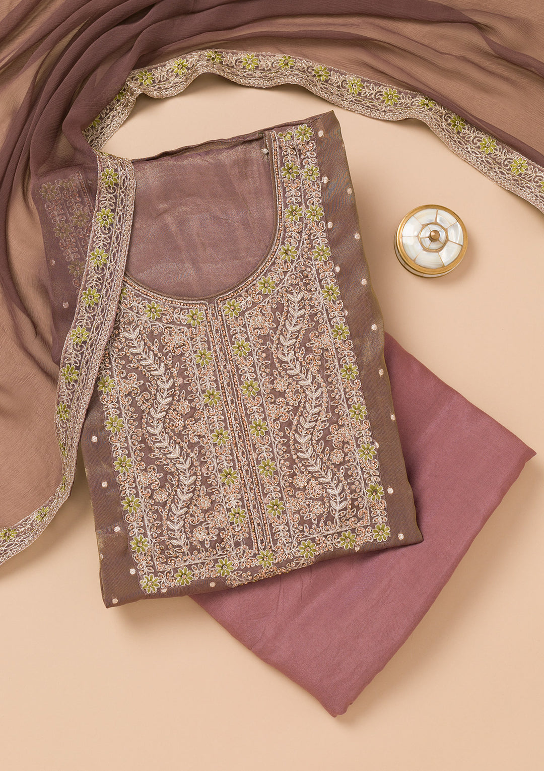 Brown Georgette Threadwork Unstitched Dress Material With Matching Bottom And Dupatta