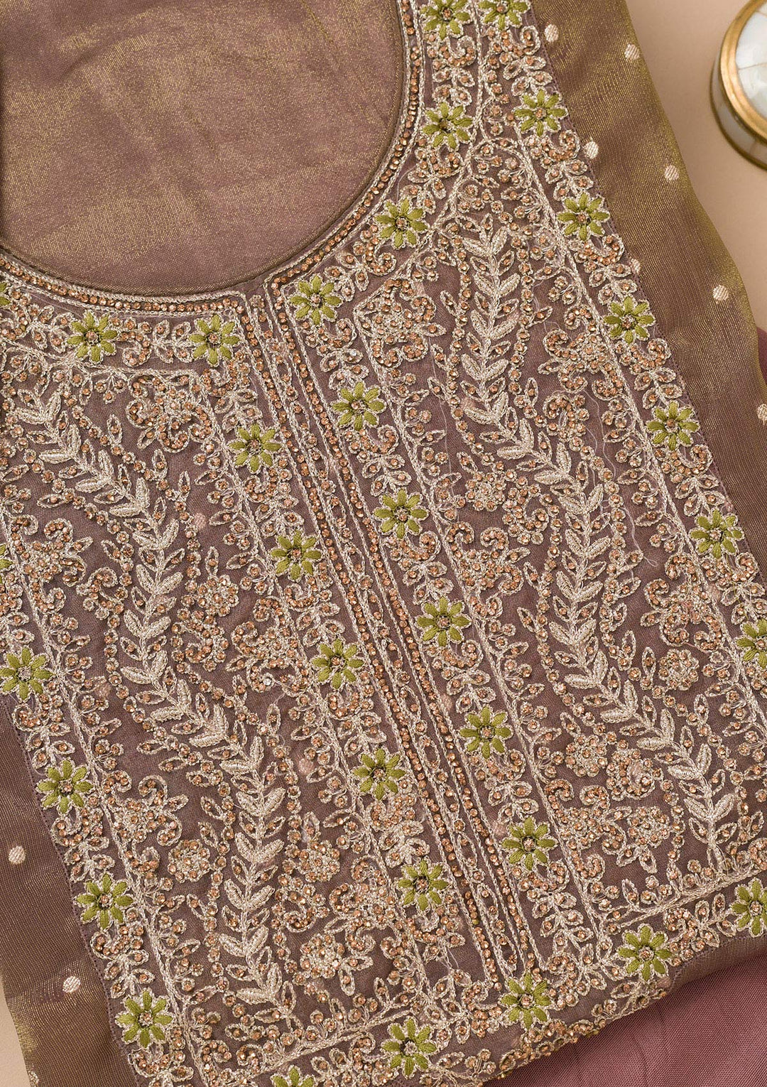 Brown Georgette Threadwork Unstitched Dress Material With Matching Bottom And Dupatta
