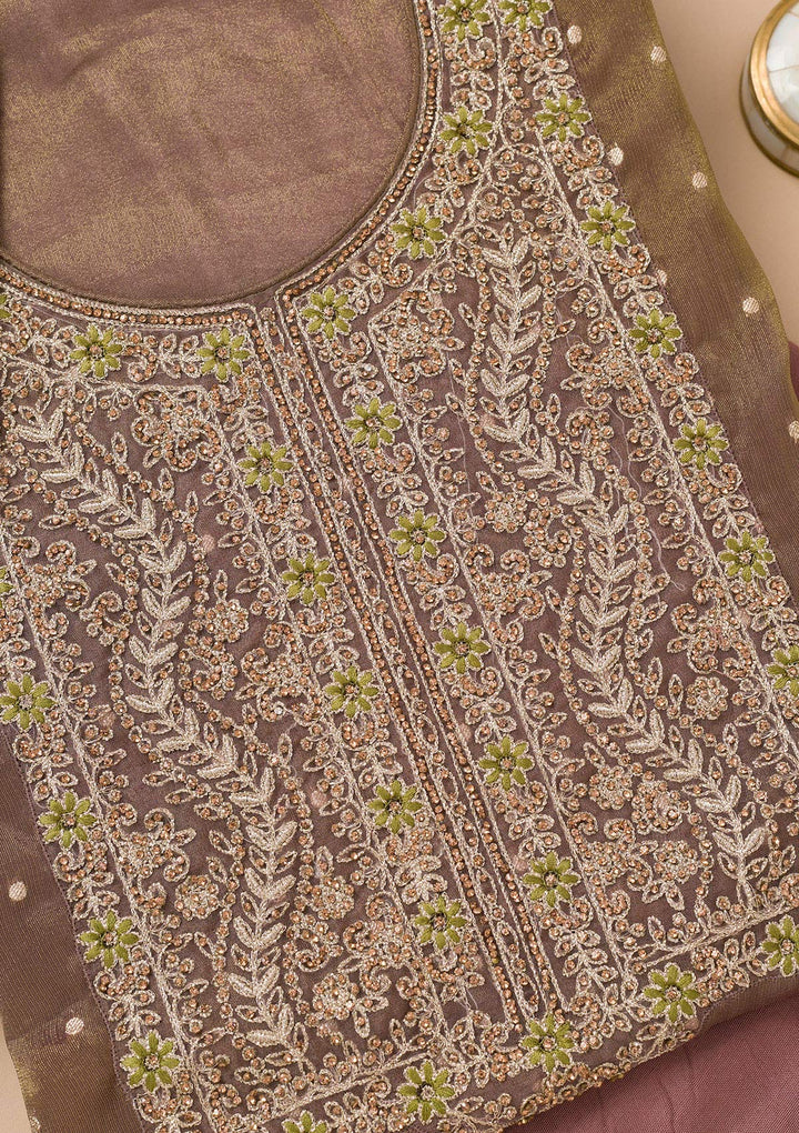 Brown Georgette Threadwork Unstitched Dress Material With Matching Bottom And Dupatta
