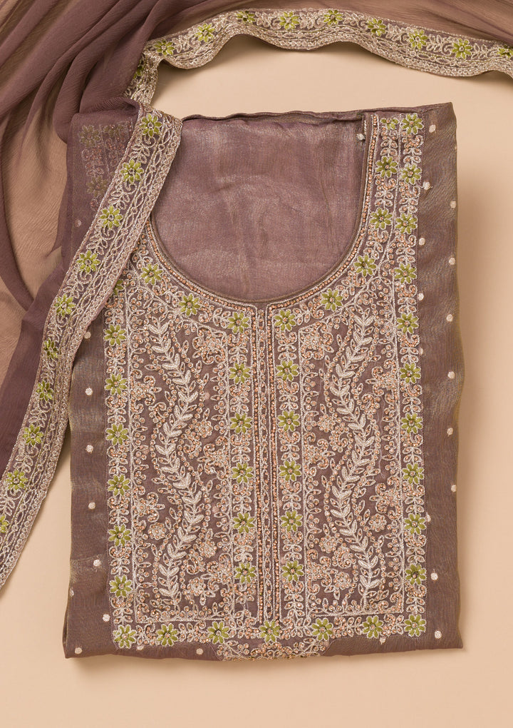 Brown Georgette Threadwork Unstitched Dress Material With Matching Bottom And Dupatta