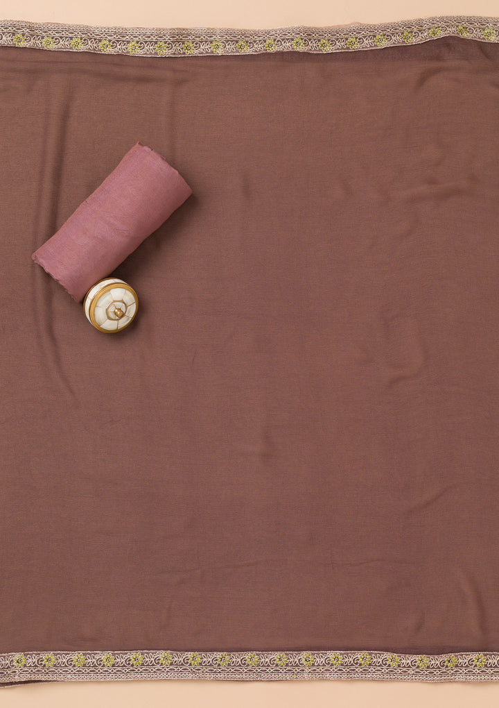 Brown Georgette Threadwork Unstitched Dress Material With Matching Bottom And Dupatta