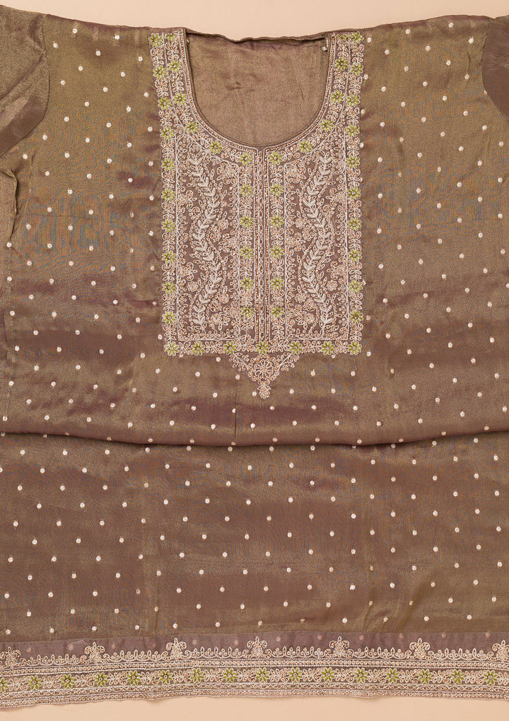 Brown Georgette Threadwork Unstitched Dress Material With Matching Bottom And Dupatta