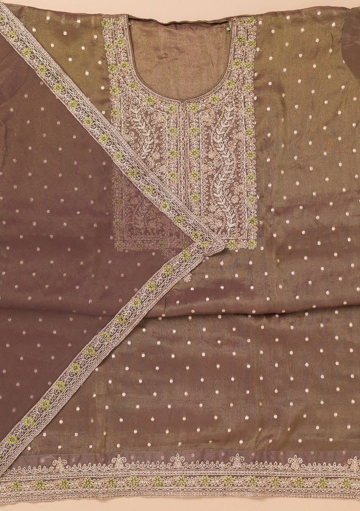 Brown Georgette Threadwork Unstitched Dress Material With Matching Bottom And Dupatta
