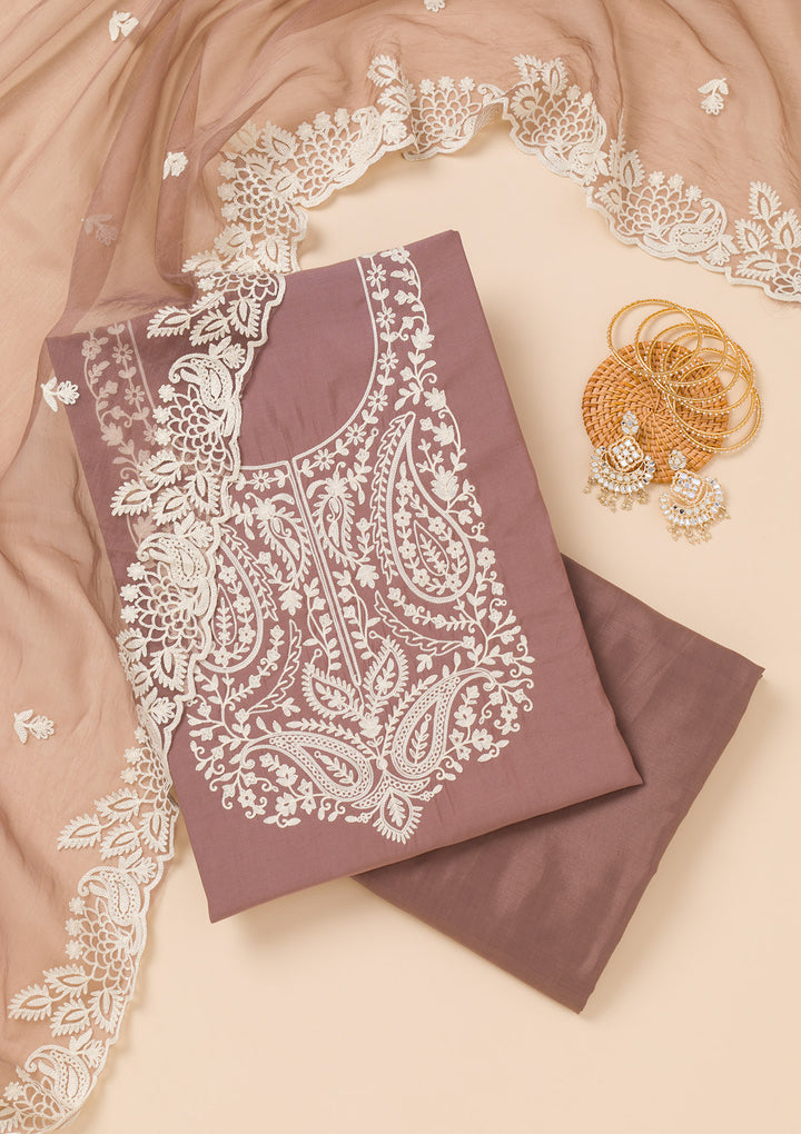 Brown Crepe Threadwork Unstitched Dress Material With Matching Bottom And Dupatta