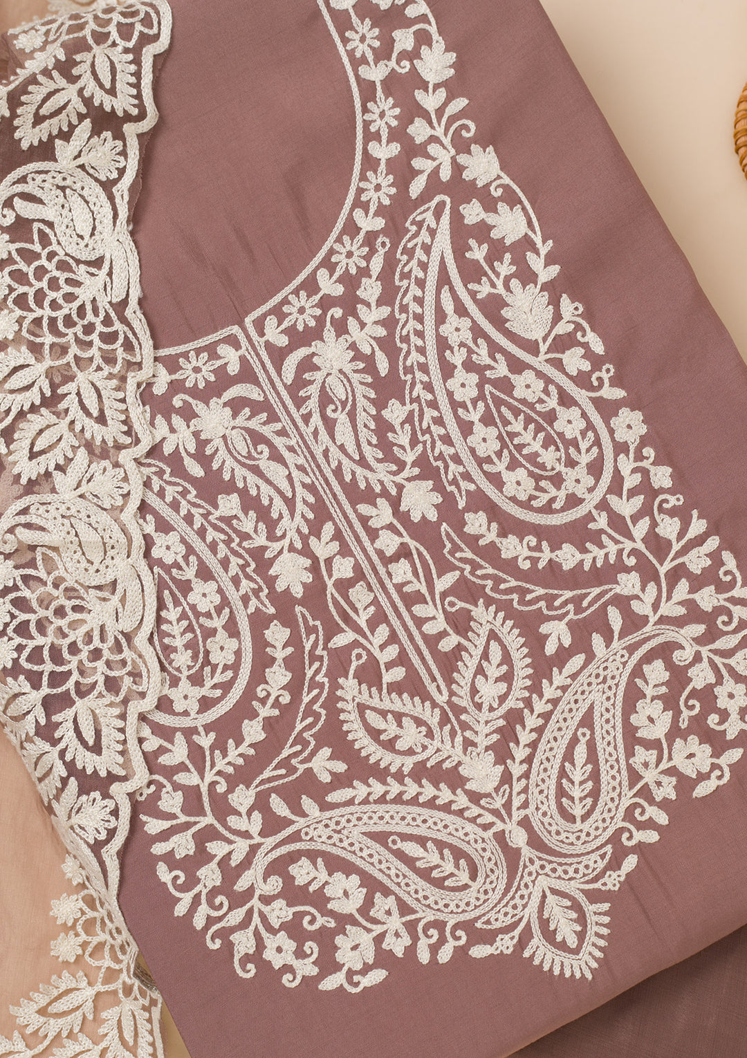 Brown Crepe Threadwork Unstitched Dress Material With Matching Bottom And Dupatta