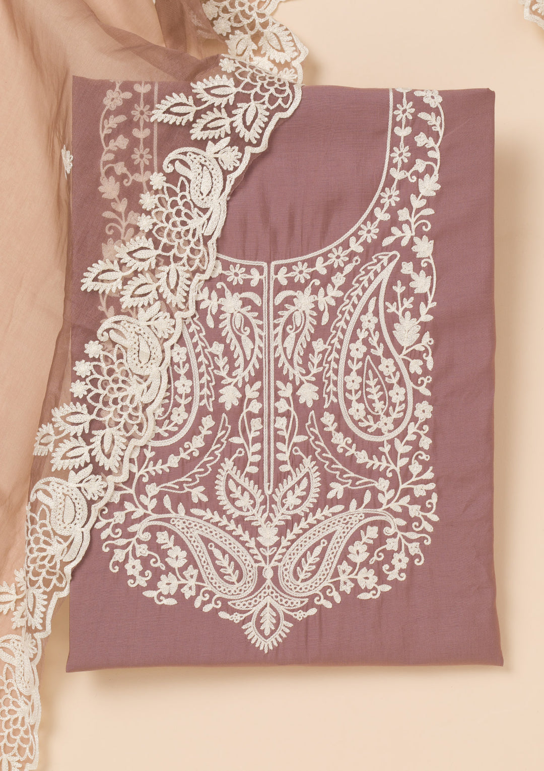 Brown Crepe Threadwork Unstitched Dress Material With Matching Bottom And Dupatta