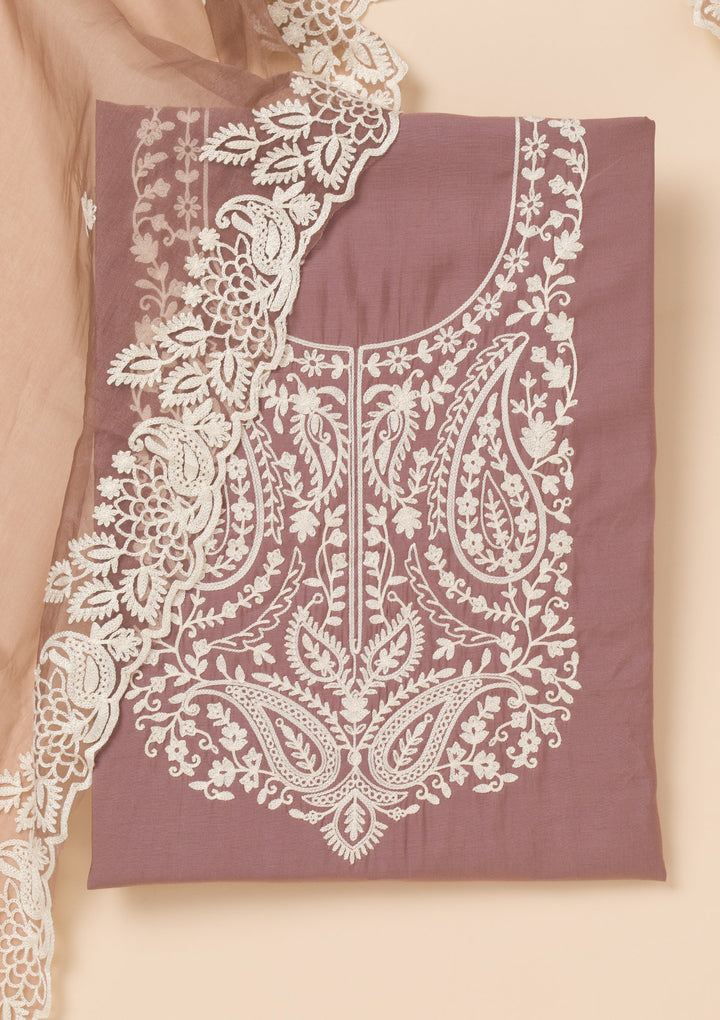 Brown Crepe Threadwork Unstitched Dress Material With Matching Bottom And Dupatta