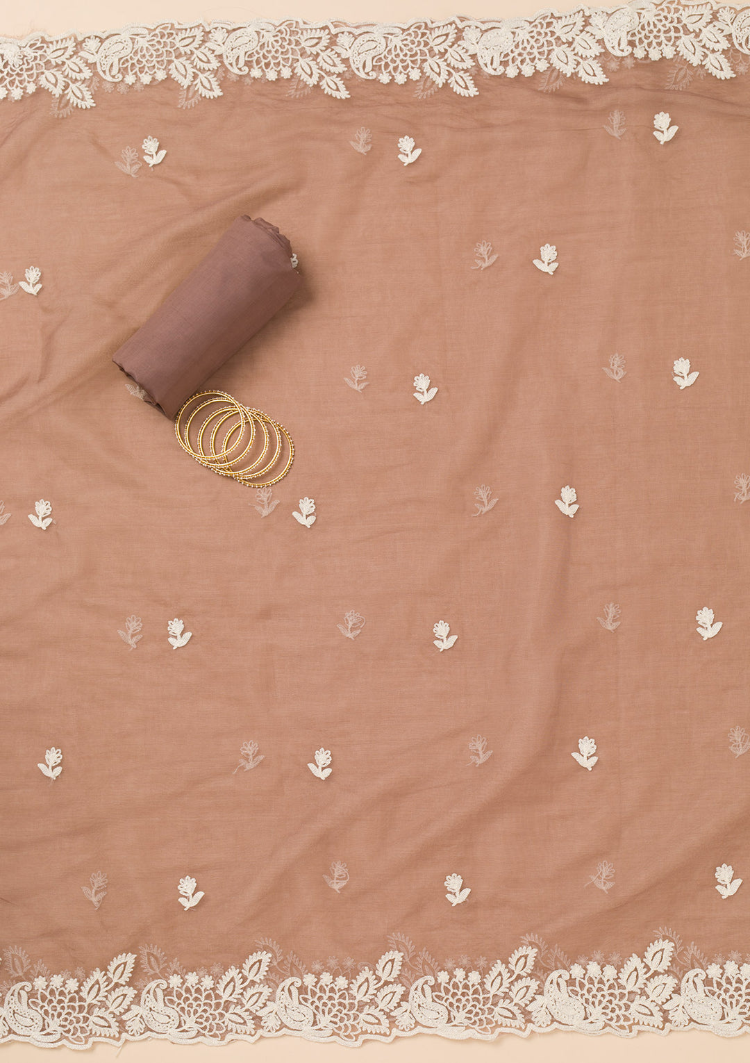 Brown Crepe Threadwork Unstitched Dress Material With Matching Bottom And Dupatta