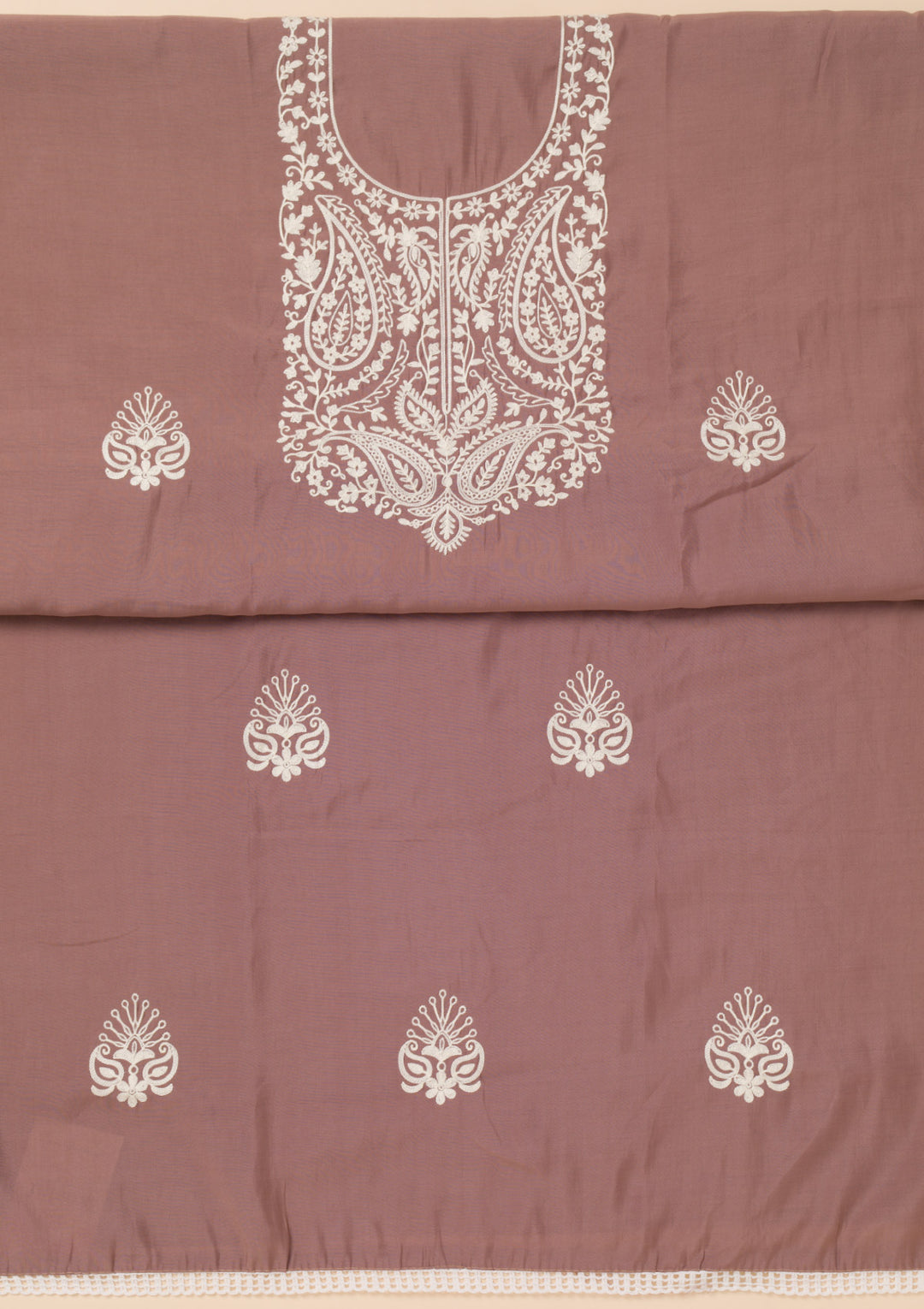 Brown Crepe Threadwork Unstitched Dress Material With Matching Bottom And Dupatta