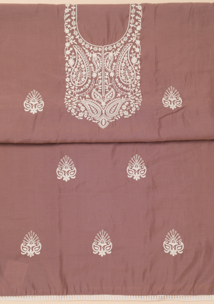 Brown Crepe Threadwork Unstitched Dress Material With Matching Bottom And Dupatta