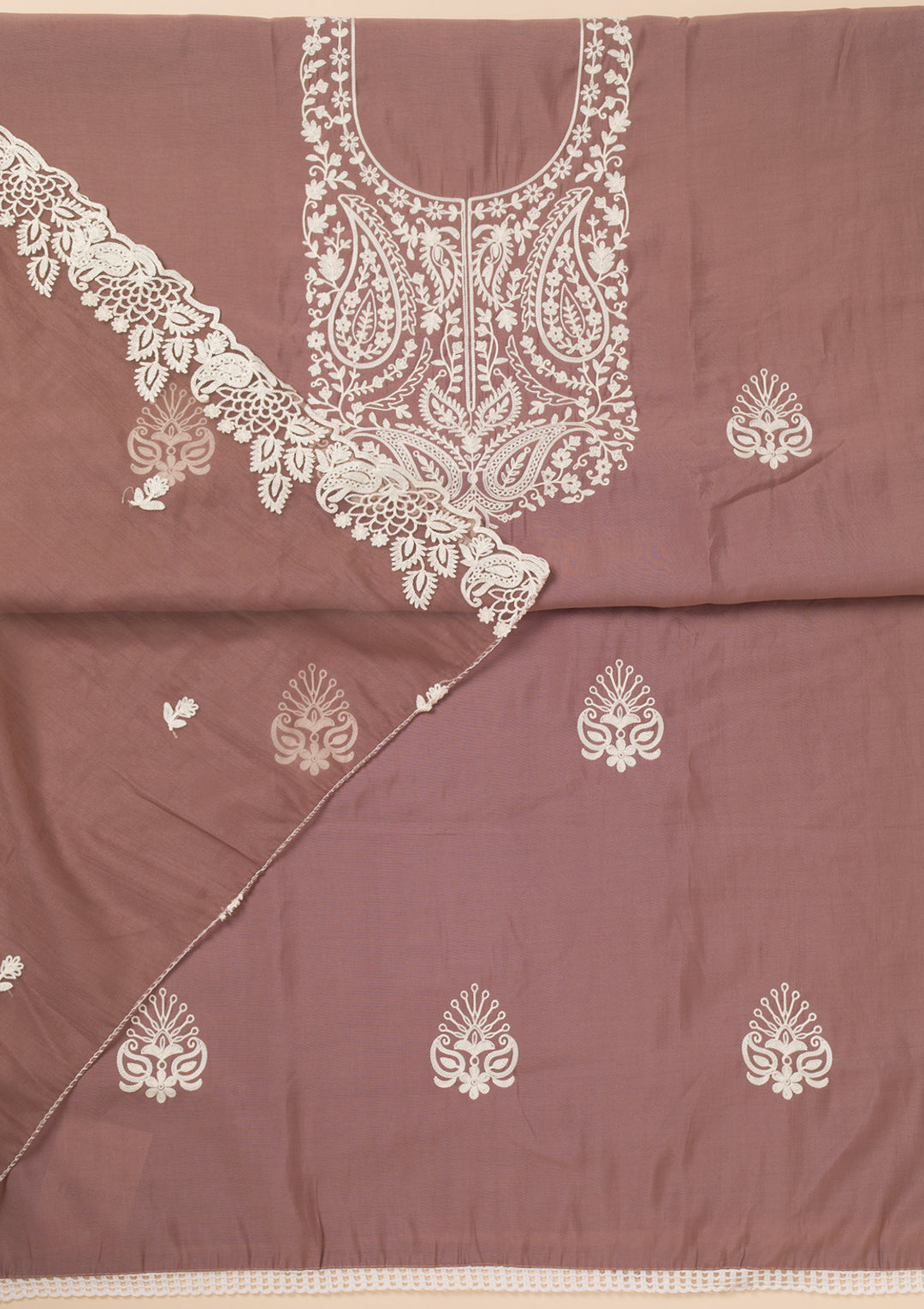 Brown Crepe Threadwork Unstitched Dress Material With Matching Bottom And Dupatta