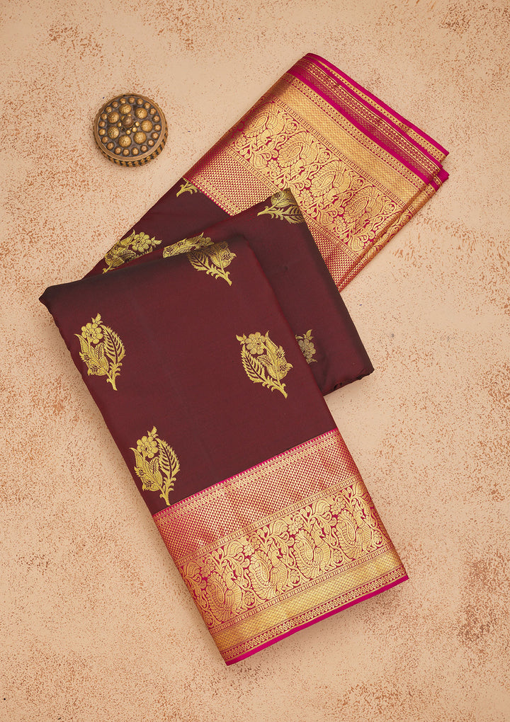 Brown Silk Buti Gold Zariwork Saree With Matching Blouse Piece