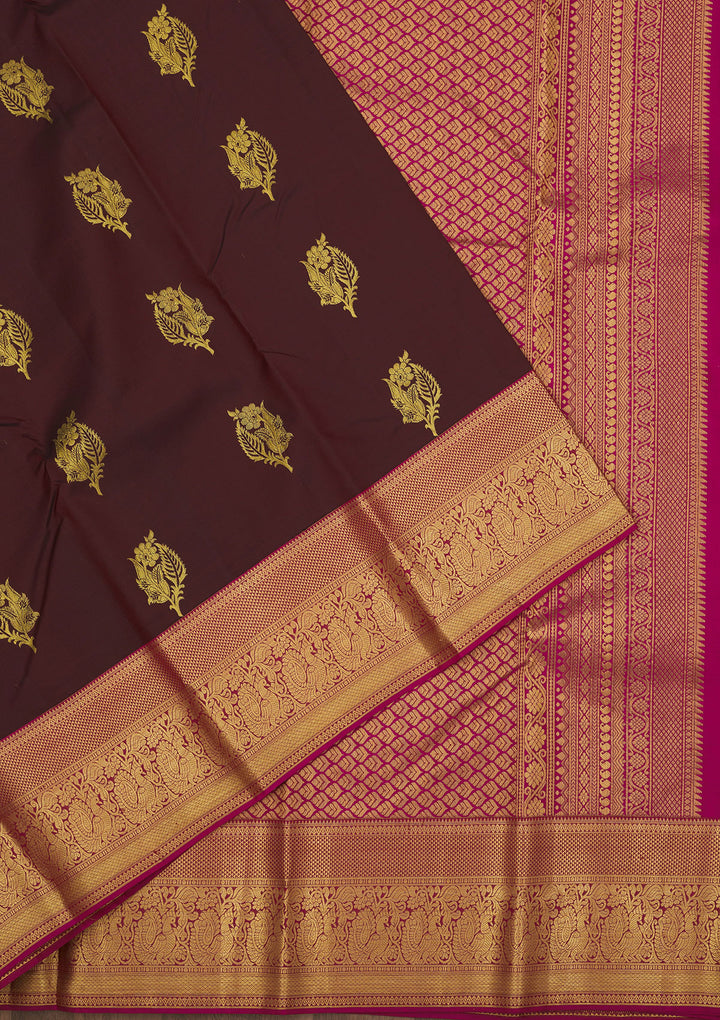 Brown Silk Buti Gold Zariwork Saree With Matching Blouse Piece