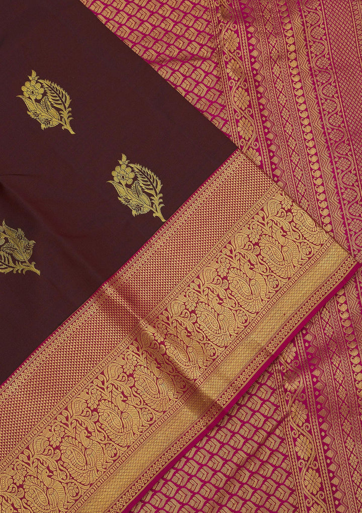 Brown Silk Buti Gold Zariwork Saree With Matching Blouse Piece