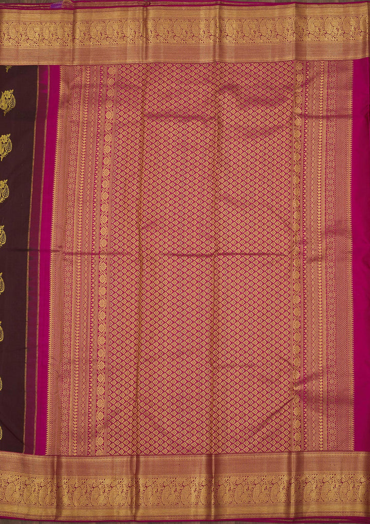 Brown Silk Buti Gold Zariwork Saree With Matching Blouse Piece
