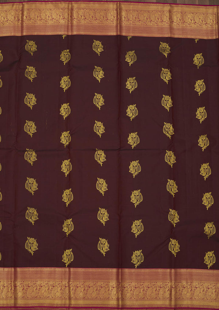 Brown Silk Buti Gold Zariwork Saree With Matching Blouse Piece