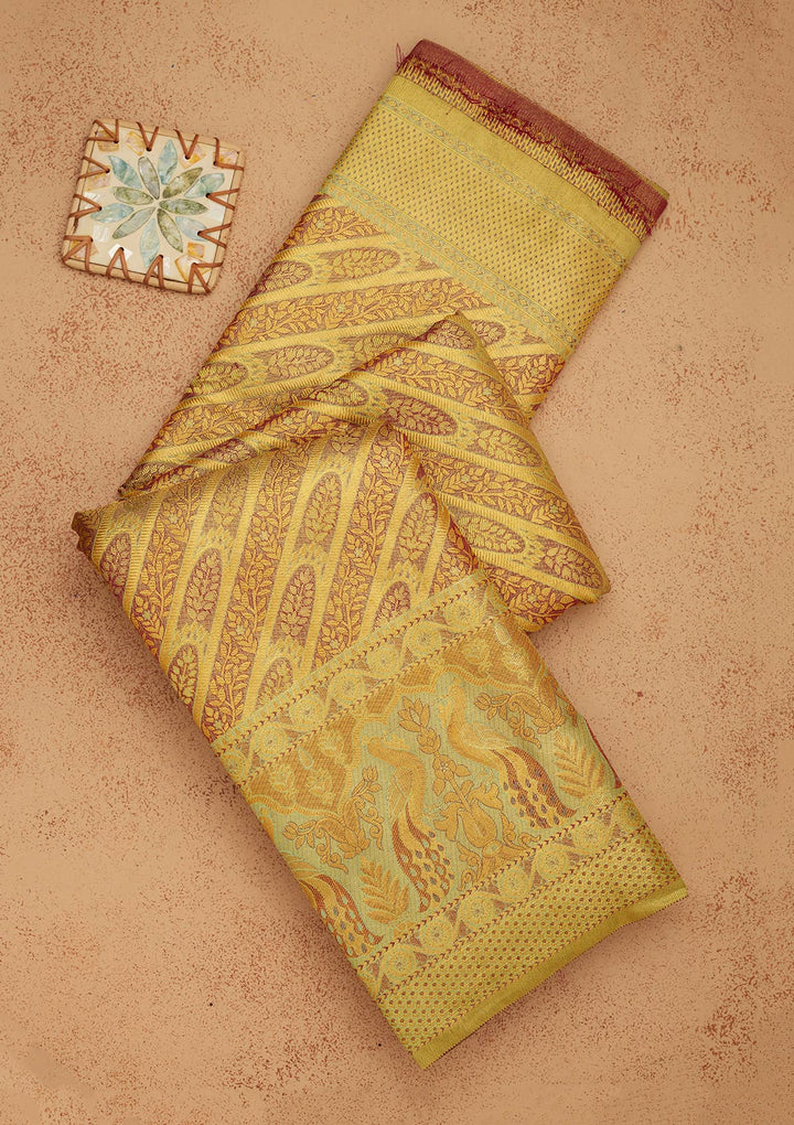 Brown Tissue Jaal Gold Zariwork Saree With Matching Blouse Piece