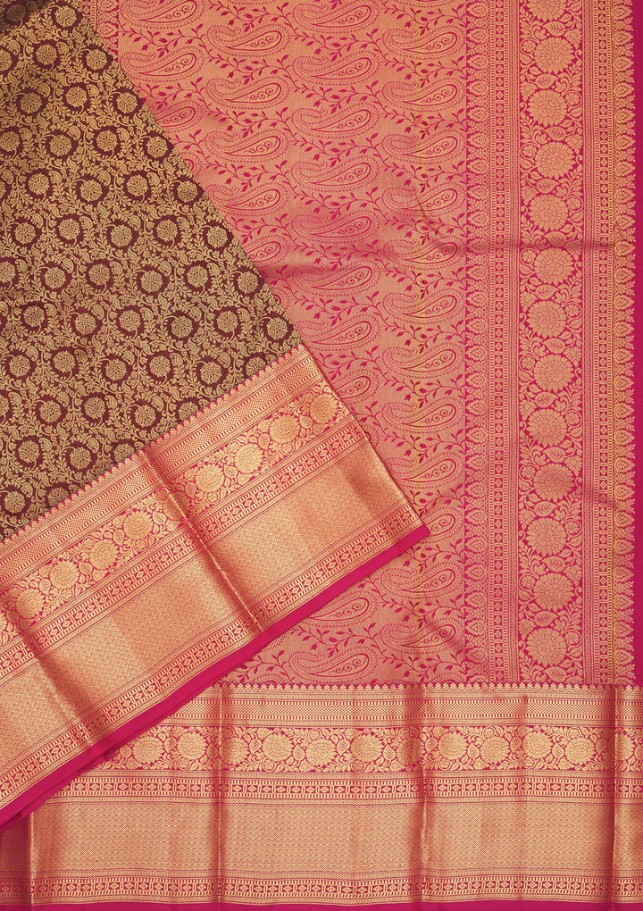 Brown Silk Jaal Gold Zariwork Saree With Matching Blouse Piece