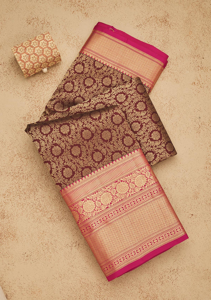 Brown Silk Jaal Gold Zariwork Saree With Matching Blouse Piece