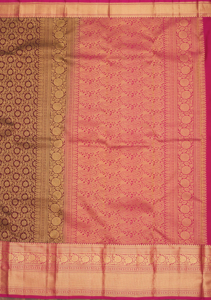 Brown Silk Jaal Gold Zariwork Saree With Matching Blouse Piece